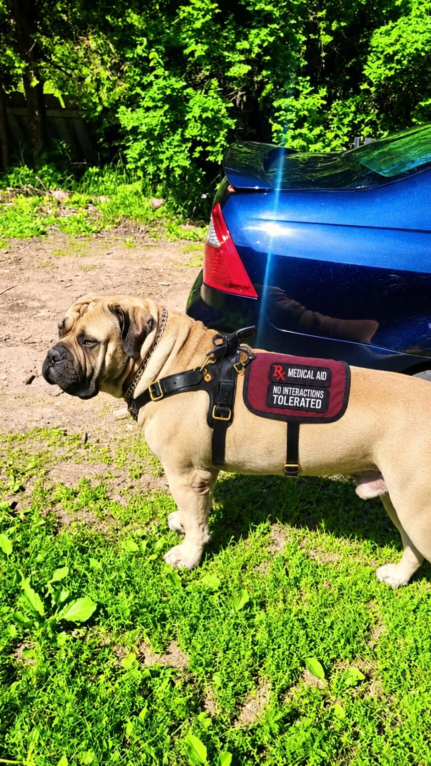 Ozzie standing beside a blue car in his working harness with the RX Medical Aid and No Interactions Tolerated identifiers